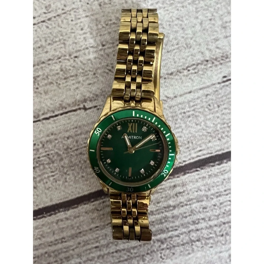 Armitron Ladies Gold Tone Green Dial Diver Style Wrist Watch Quartz Need Battery